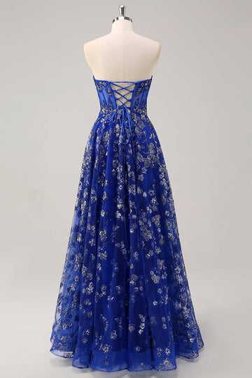 Royal Blue A Line senza spalline Appliques Corsetto Abito da ballo lungo con fessura
